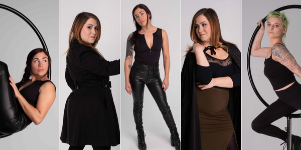 Five images of models in an aerial hope and posing in black outfits
